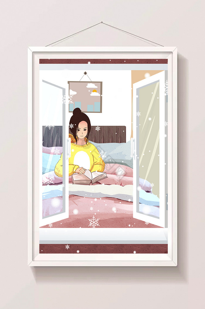温暖冬天大寒节气冬日大寒居家女孩插画图片