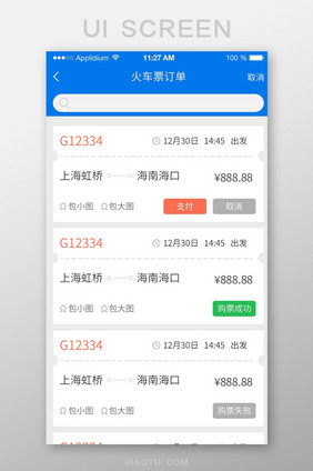 蓝色车票支付订单页界面