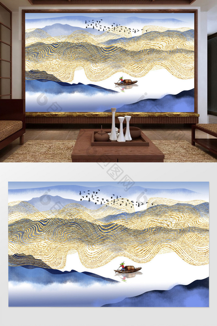 新中式线条山水背景墙壁画