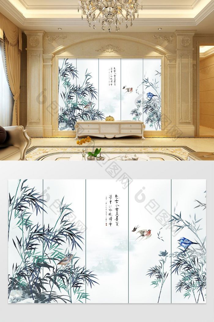中式个性竹叶月色手绘电视背景墙