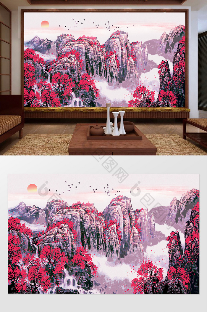 新中式山水风景意境国画客厅背景墙