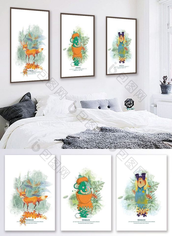北欧风手绘淡彩植物动物企鹅客厅酒店装饰画-北欧风手绘淡彩植物动物企鹅客厅酒店装饰画效果图-【包图网】