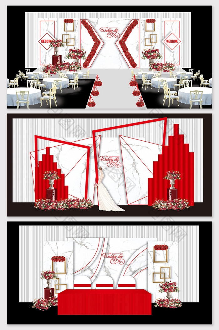 现代简约欧式红白色大理石婚礼效果图