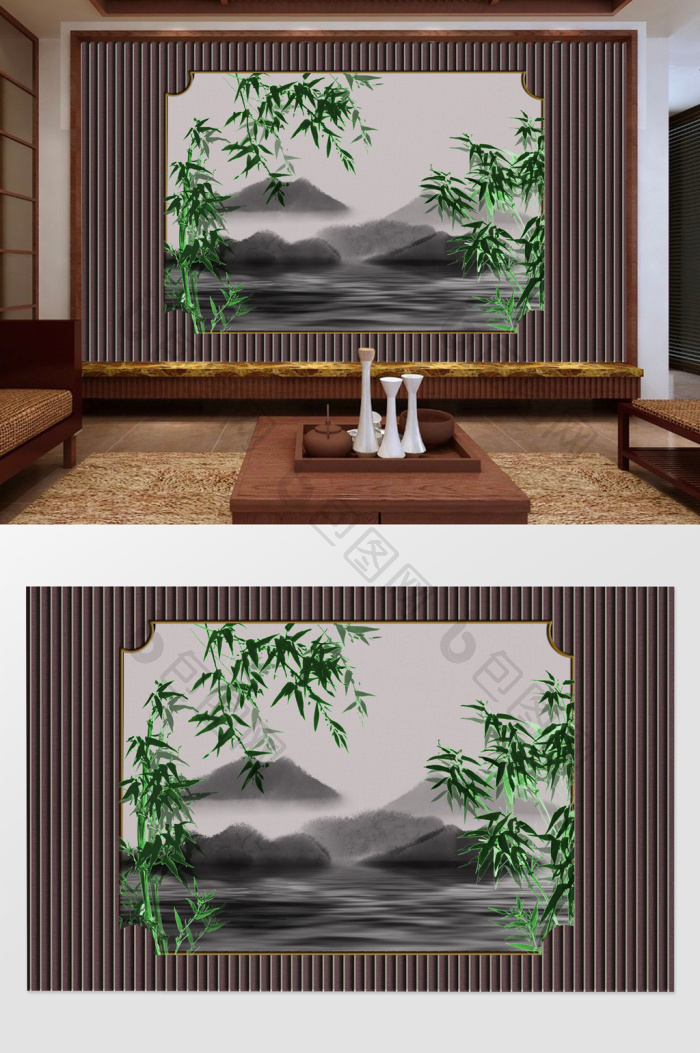 新中式唯美竹林意境山水电视背景墙效果图-【包图网】