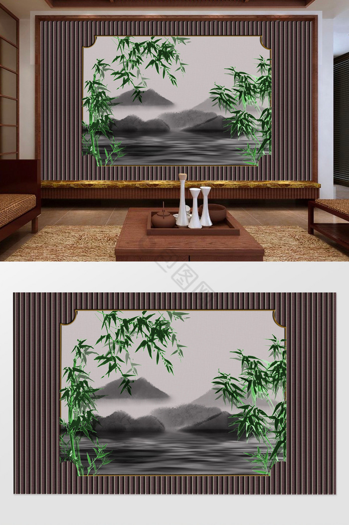 新中式唯美竹林意境山水电视背景墙图片