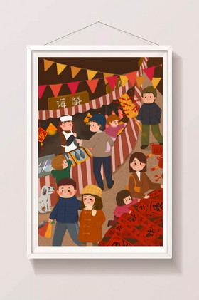 热闹中国风赶集买年货过年春节对联插画图片