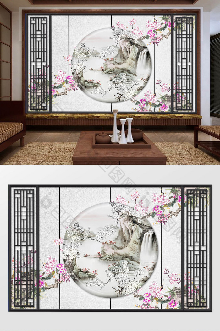 新中式创意工笔花卉山水背景墙