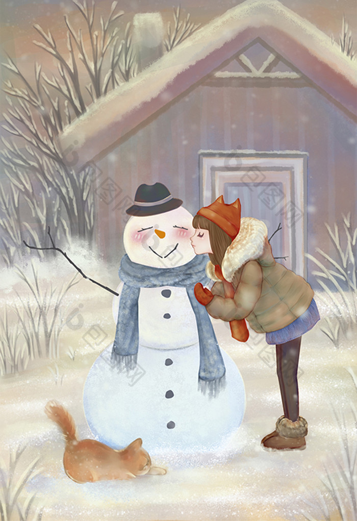 节气大寒冬景雪人小女孩猫温馨插画图片