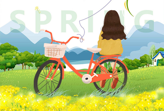 绿色清新的插画人物柳树风筝植物自行车季节春天