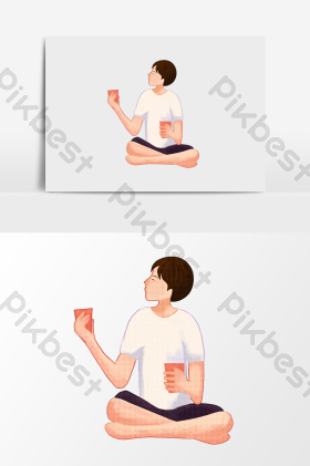 盘腿坐着喝水的男孩插画