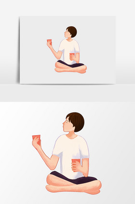盘腿坐着喝水的男孩插画