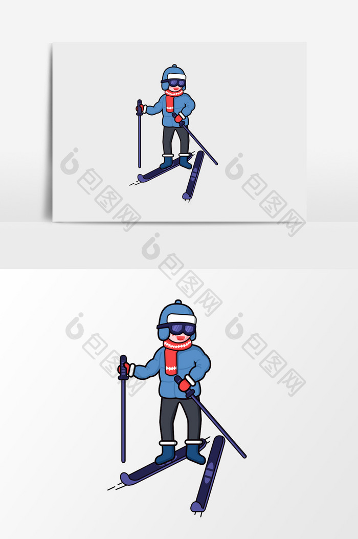 手绘准备滑雪的男孩插画元素