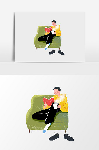 手绘周末休息在沙发看书的男孩插画元素图片
