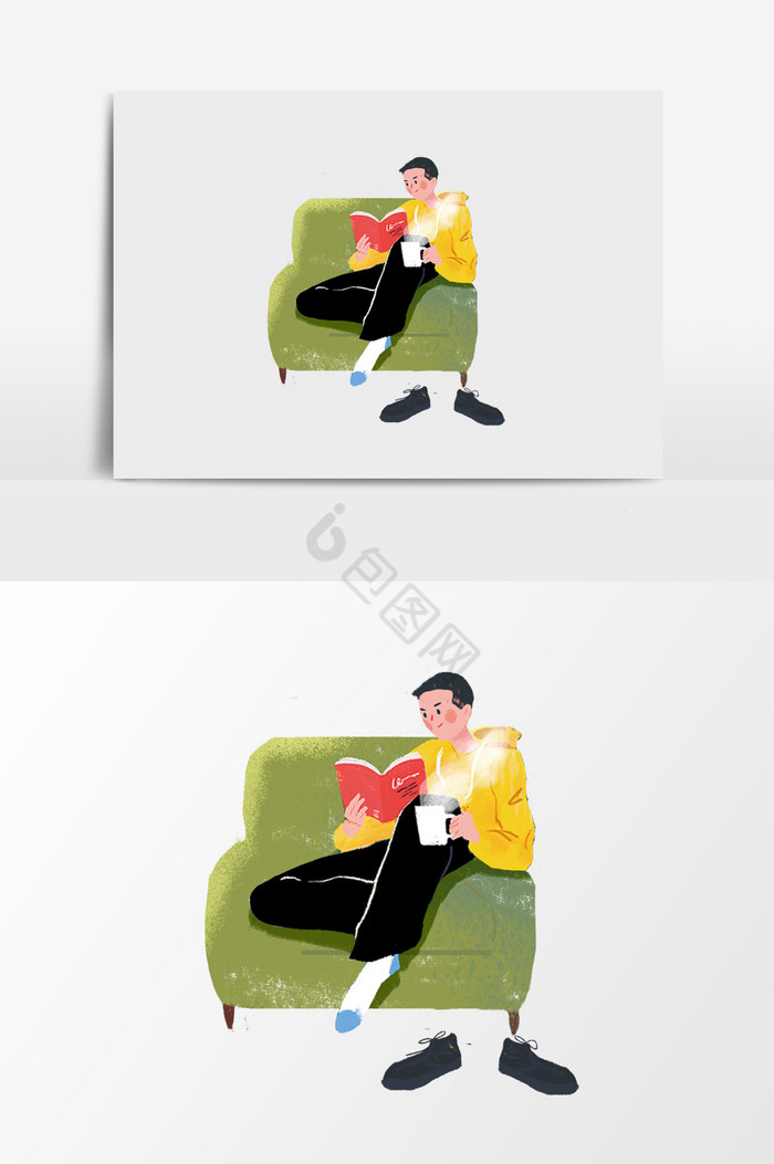 周末休息在沙发看书的男孩插画图片