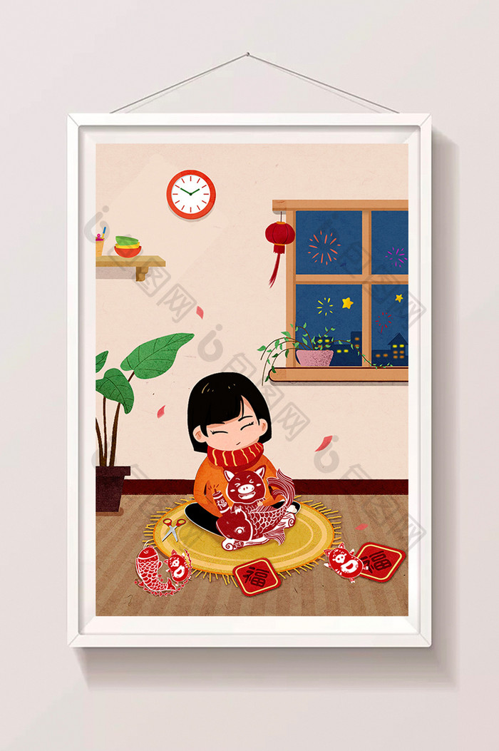 小年短发小女孩剪纸烟花喜庆红色手绘插画