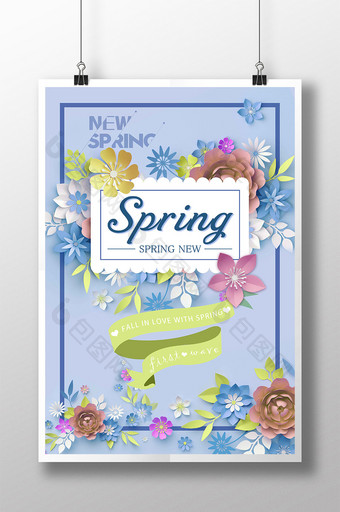 蓝色极简主义边框剪纸花卉标签春季旅游海报图片