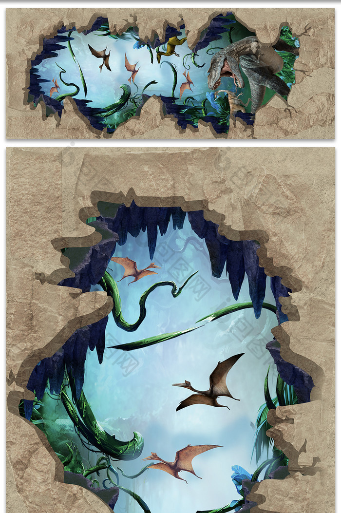 3d立体原始森林侏罗纪恐龙地板画