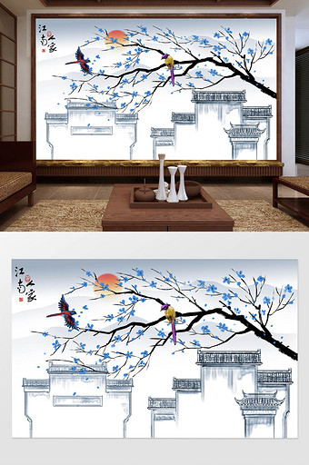 新中式花鸟江南山水画背景墙图片