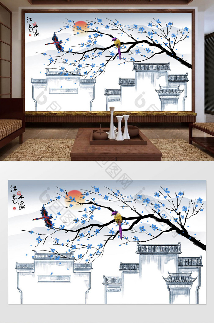 新中式花鸟江南山水画背景墙