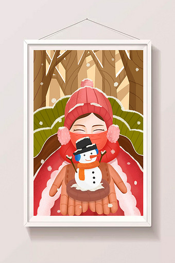 冬季下雪冬天大寒红色清新女孩雪人人物插画图片