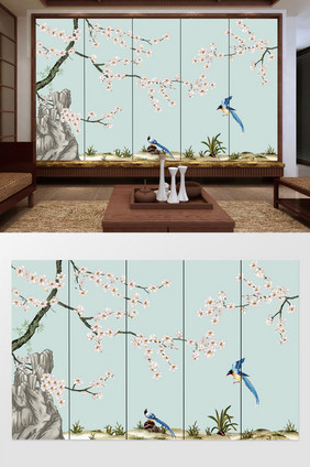 新中式工笔手绘花鸟植物背景墙