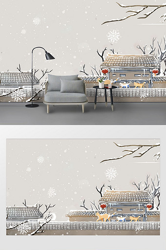 新中式工笔手绘梅花植物背景墙图片