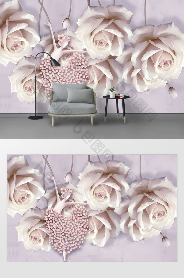 3d创意粉色玫瑰花丛的舞者立体浮雕背景墙