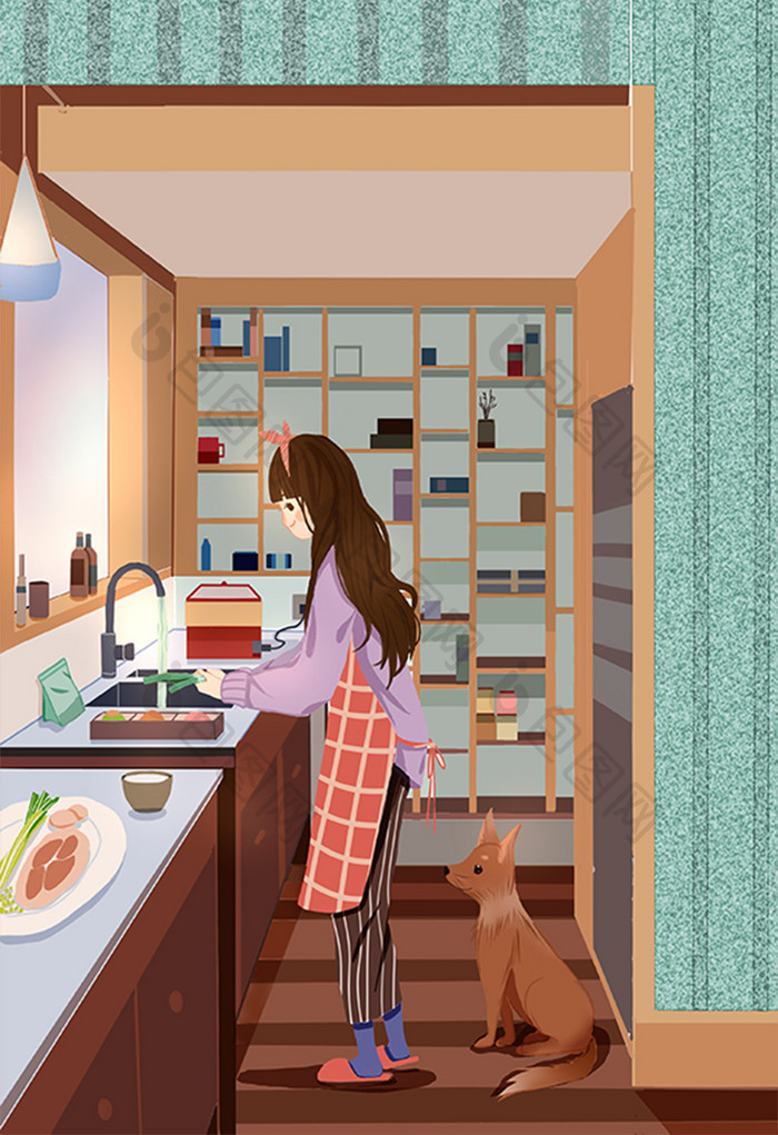 假期少女生活方式做饭厨房小狗卡通唯美插画