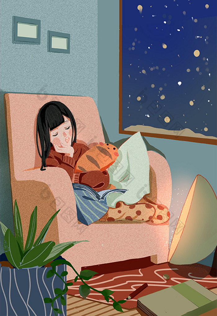 假期生活方式少女夜晚沙发冬季取暖卡通插画