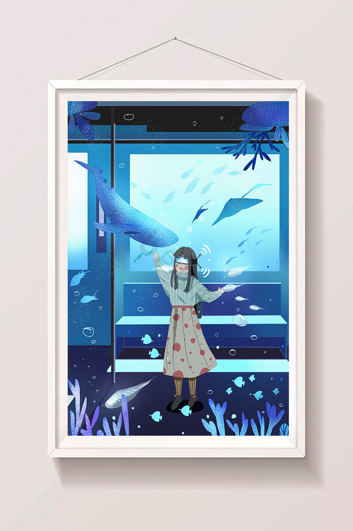 科技VR虚拟海底世界鲸鱼少女插画图片