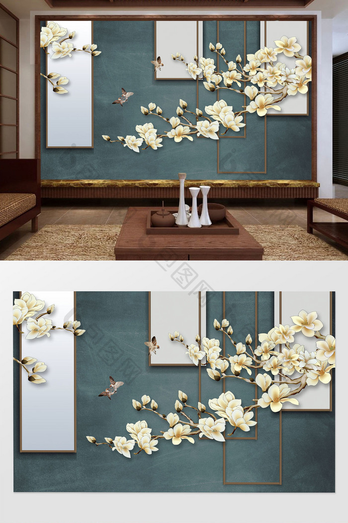 新中式清雅古典花枝背景墙