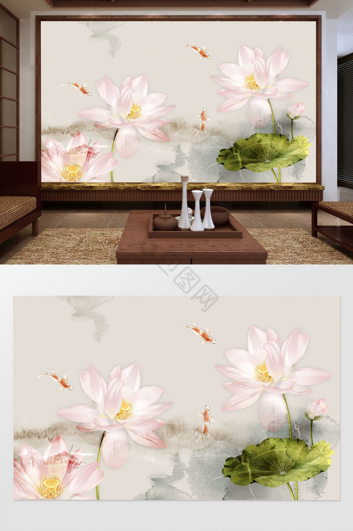 中式淡雅水墨荷花荷叶背景墙图片