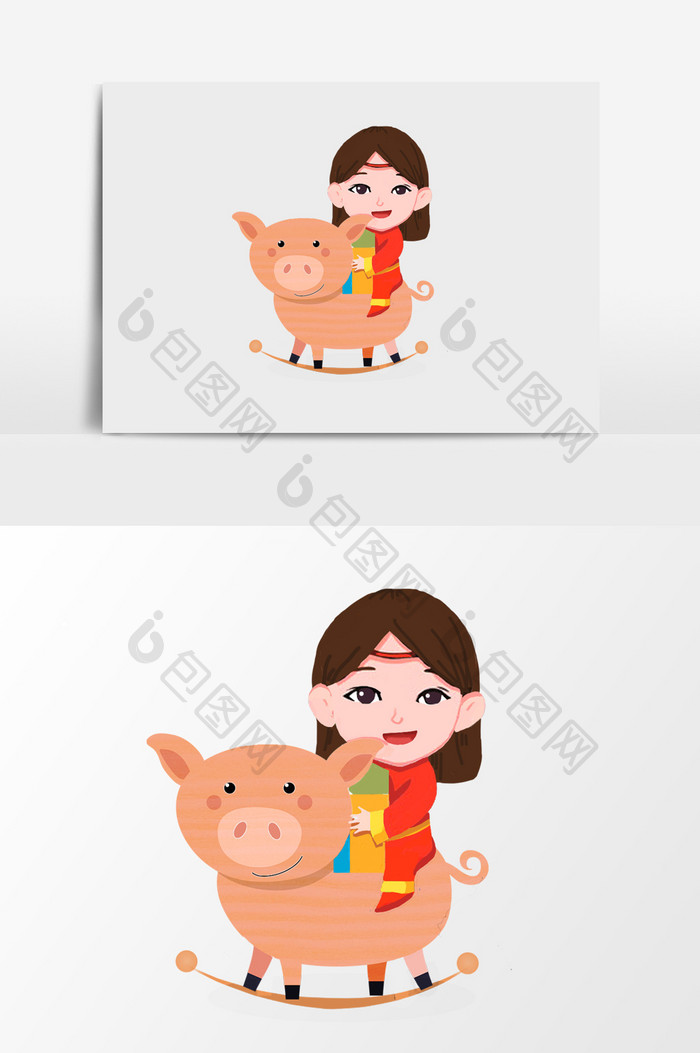 手绘春节拿着礼物骑小猪玩具的女孩插画元素