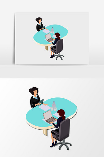 手绘在桌子上工作的职业女性插画元素图片