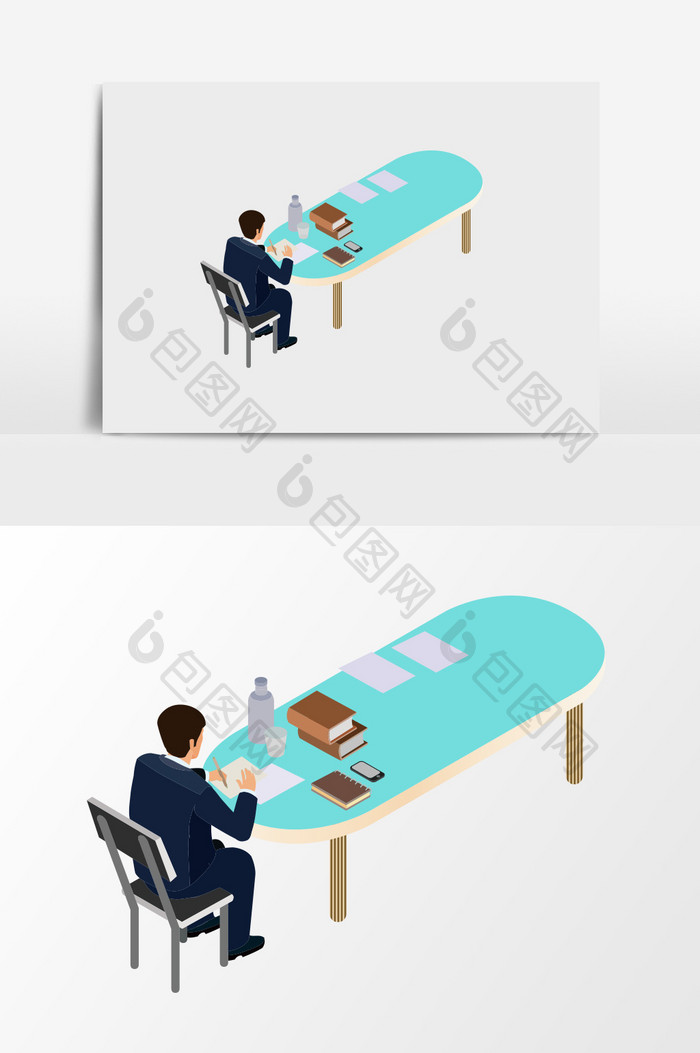 手绘在大桌子上工作的商务男人插画元素