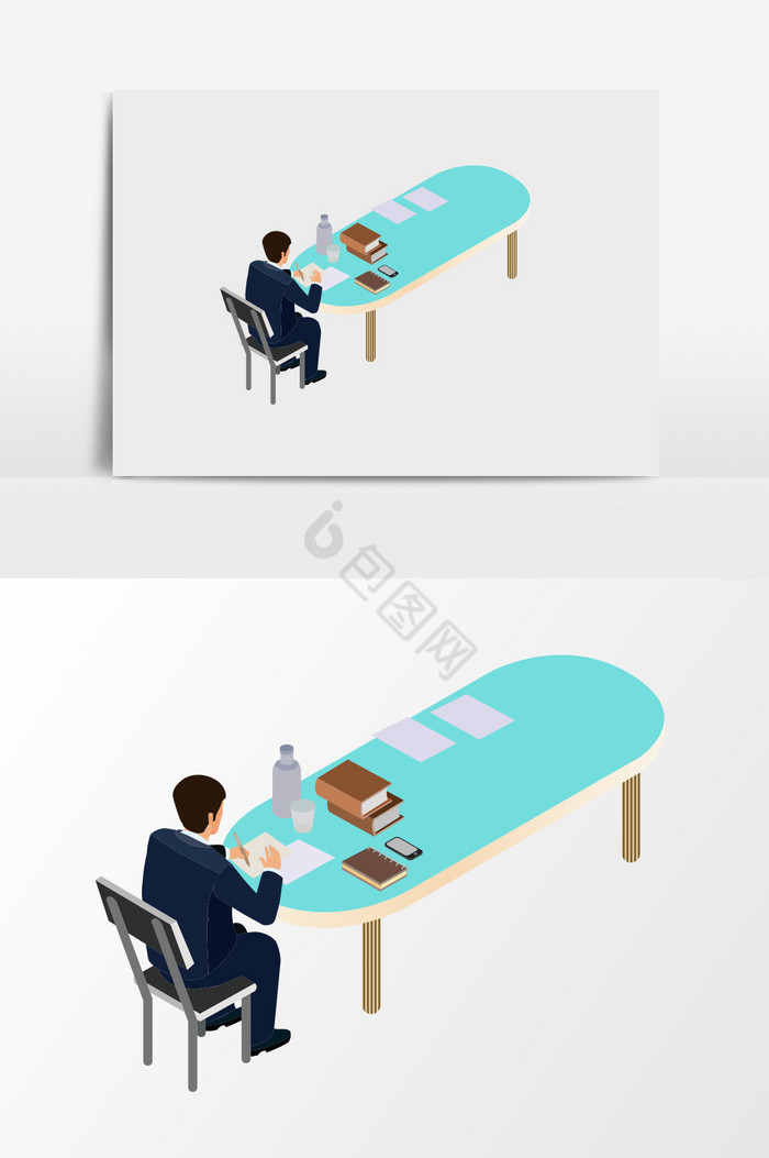 在大桌子上工作的男人插画图片