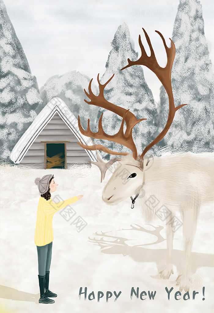 冬日麋鹿雪天雪景下雪场景插画
