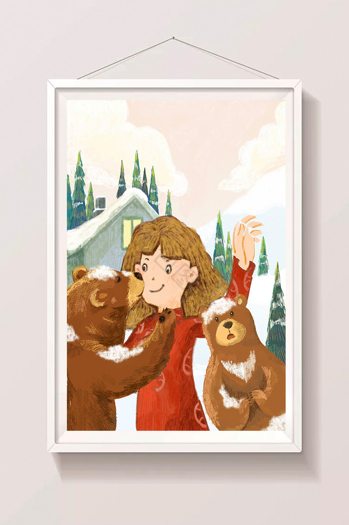 大寒节气冬天下雪木屋熊灰熊插画图片
