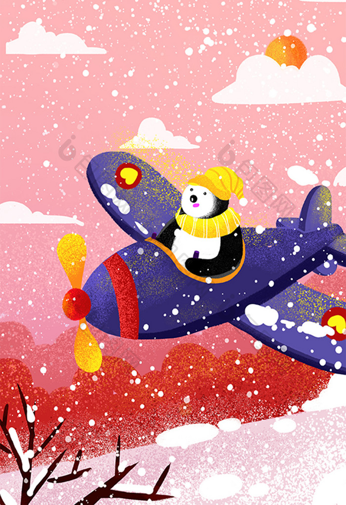大寒节冬天雪景下雪冬日卡通动物插画