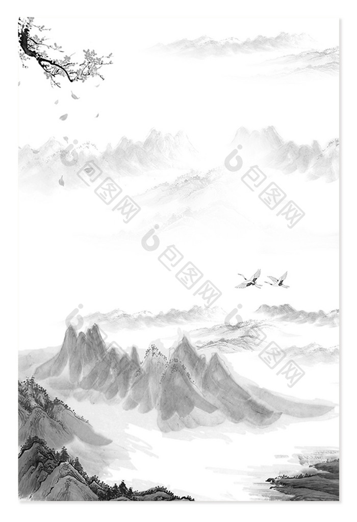 中国风黑白水墨山峰背景设计