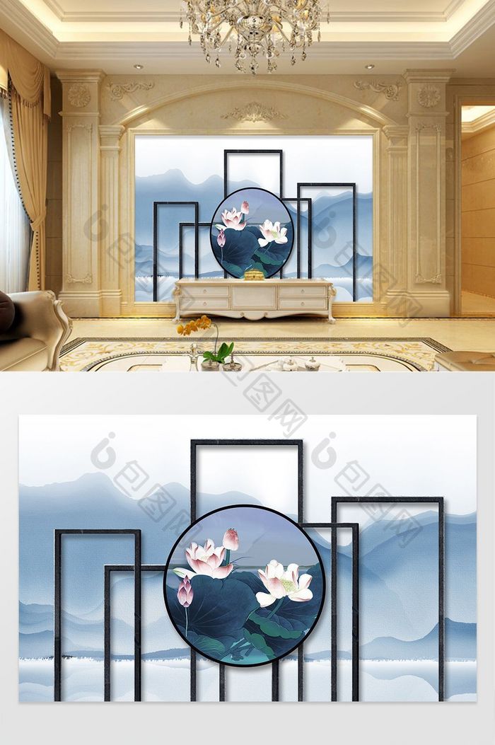 新中式古风屏风画框水墨荷花远山云雾墙 图片下载 包图网