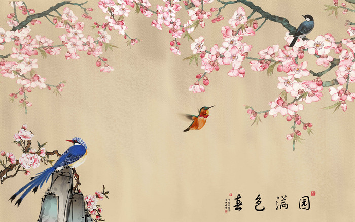 中式古韵工笔花鸟湖石背景墙