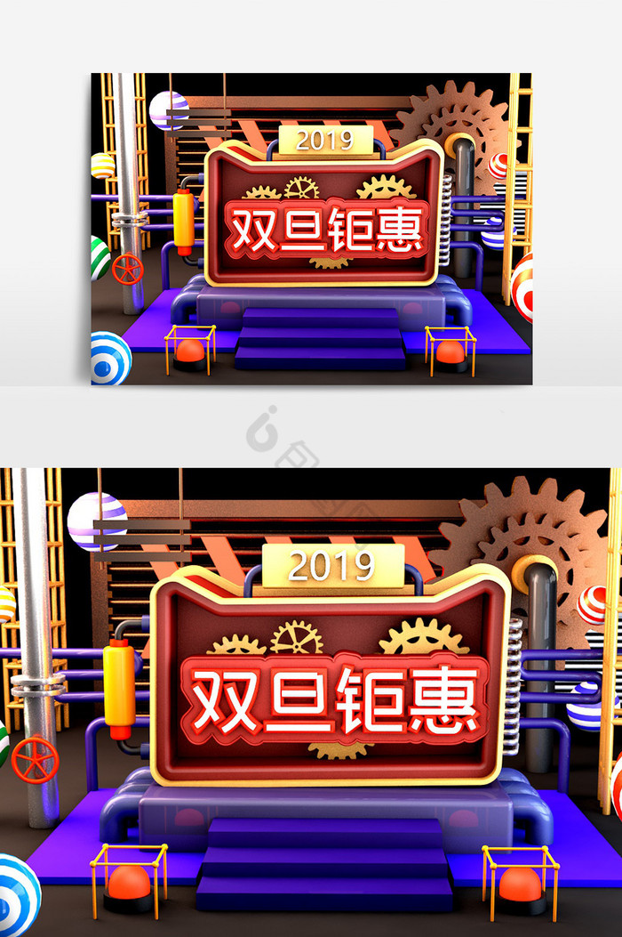 C4D机械科技感天猫双旦钜惠电商场景模型图片