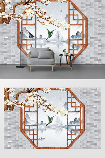 中式古典花窗山水花枝背景墙图片