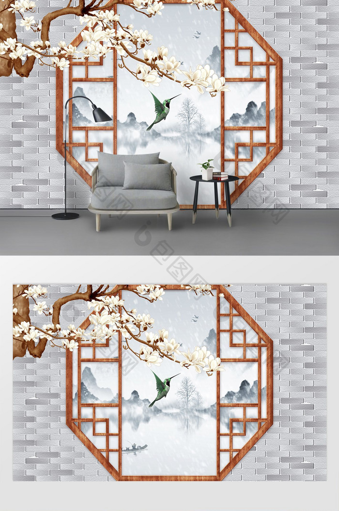 中式古典花窗山水花枝背景墙