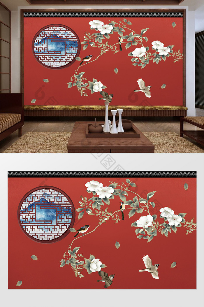 新中式屋檐红墙窗格花鸟背景墙图片图片