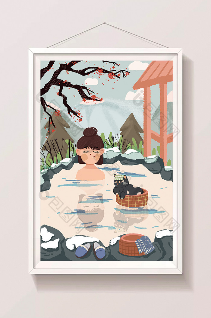 冬季假期生活方式少女泡温泉雪景通扁平插画