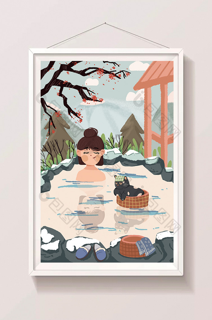 冬季假期生活方式少女泡温泉雪景通扁平插画 图片下载 包图网