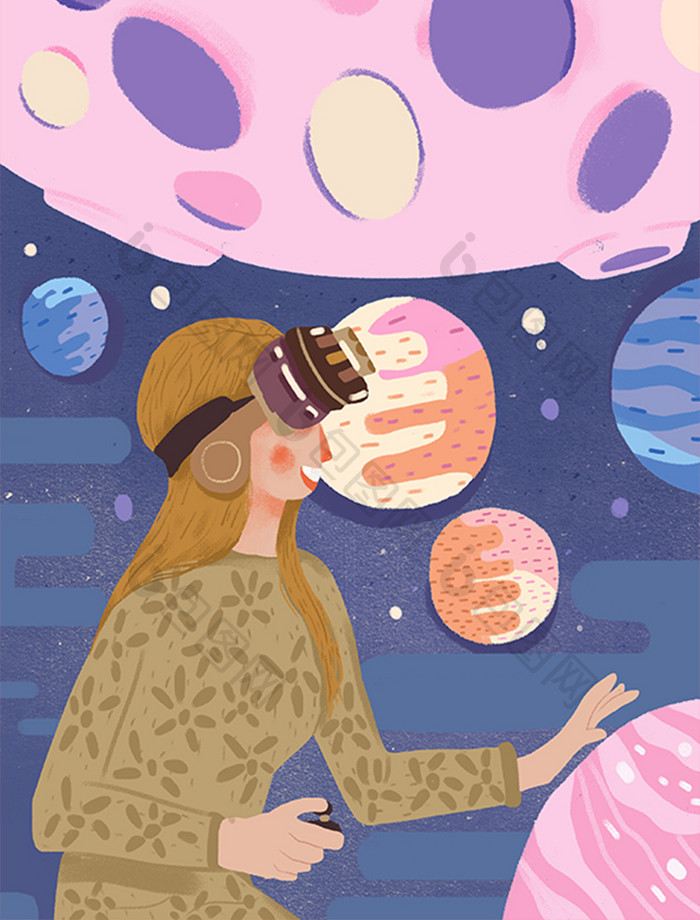 科技vr虚拟世界卡通扁平唯美少女手绘插画