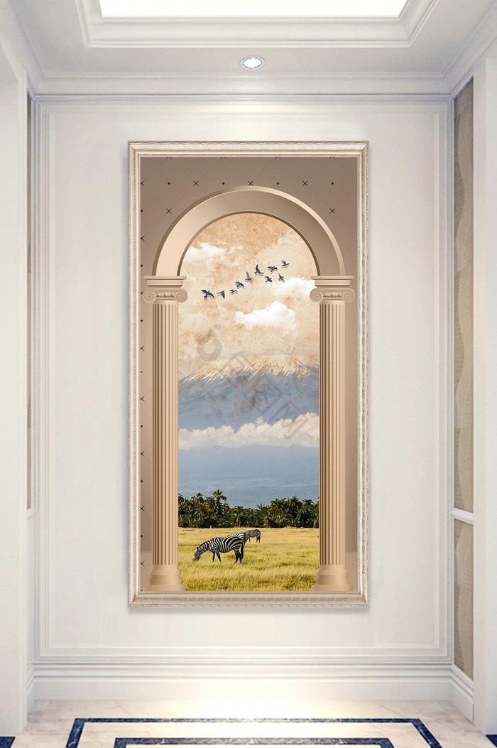 欧式斑马风景大理石地产客厅玄关装饰画图片